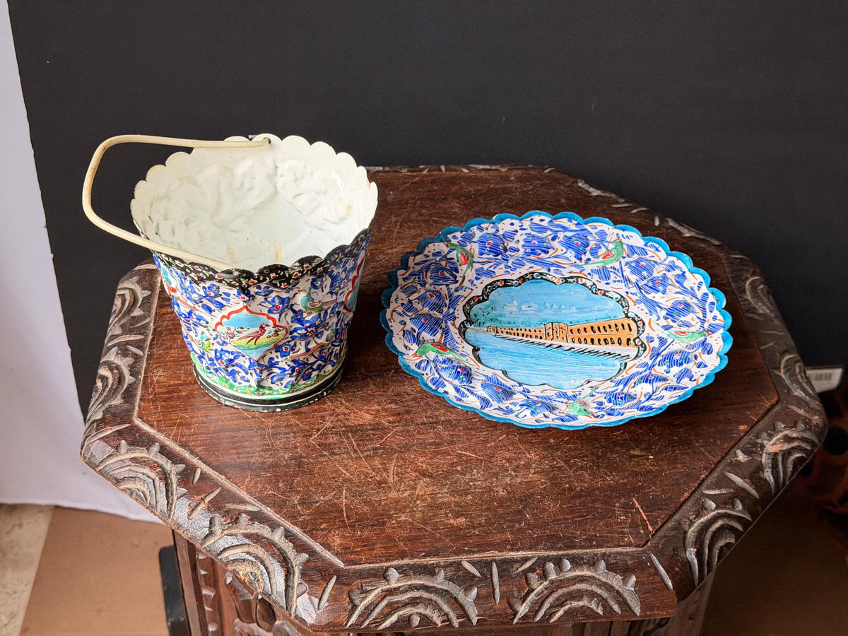 Middle Eastern Hand Painted Enameled Copper Plate Bucket Set Silk Road Art 9"