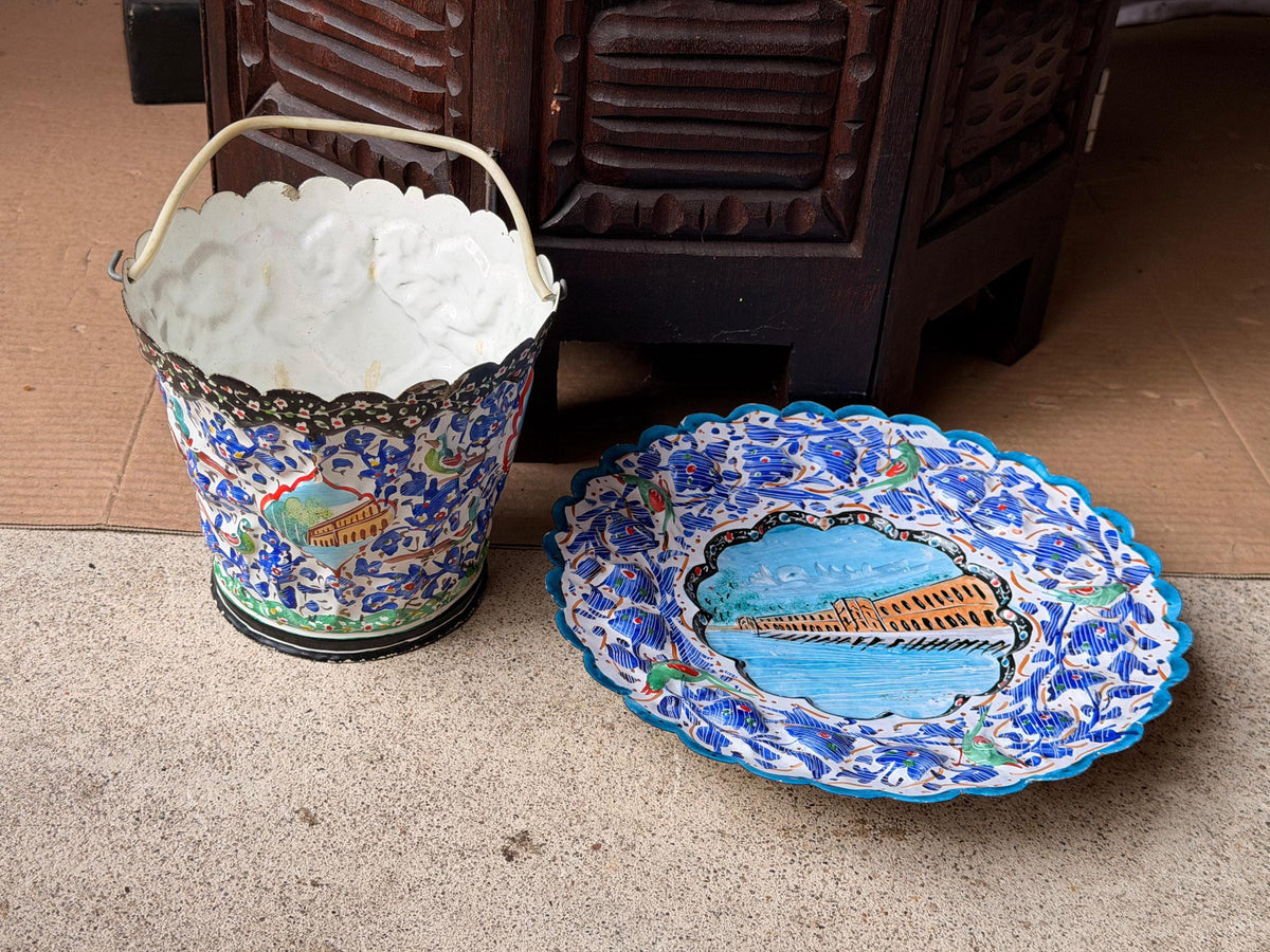 Middle Eastern Hand Painted Enameled Copper Plate Bucket Set Silk Road Art 9"