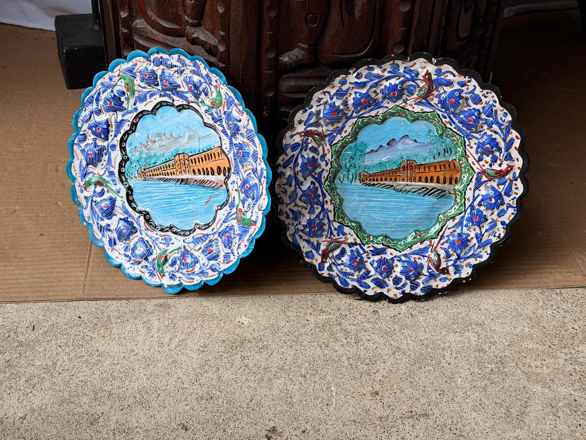 Middle Eastern Enameled Copper Plates Pair Hand Painted Floral Wall Hanging 9"