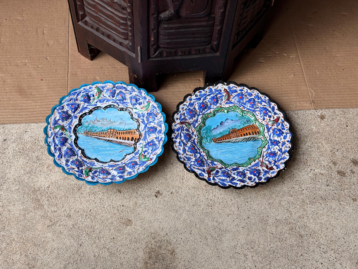 Middle Eastern Enameled Copper Plates Pair Hand Painted Floral Wall Hanging 9"