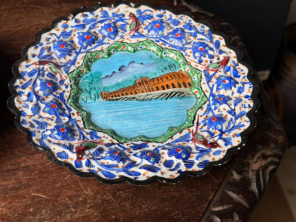 Middle Eastern Enameled Copper Plates Pair Hand Painted Floral Wall Hanging 9"