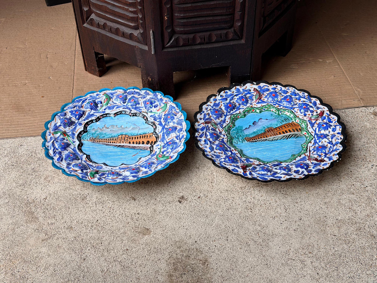 Middle Eastern Enameled Copper Plates Pair Hand Painted Floral Wall Hanging 9"