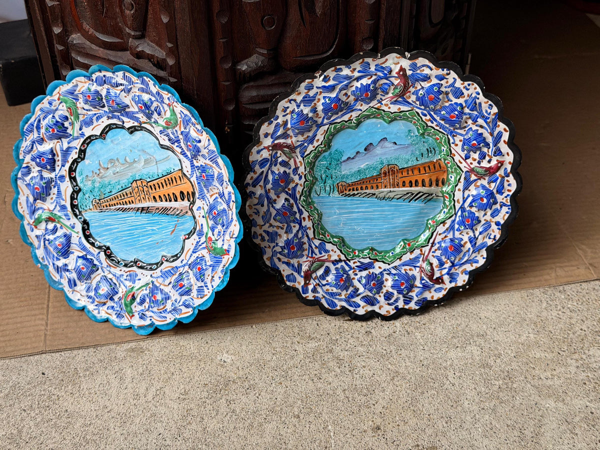 Middle Eastern Enameled Copper Plates Pair Hand Painted Floral Wall Hanging 9"