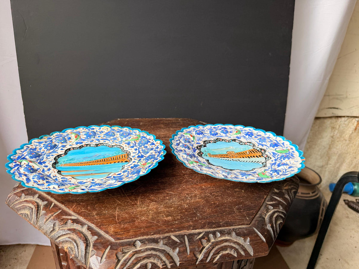 Pair Middle Eastern Hand Painted Enameled Copper Wall Plates Silk Road Art 9.2"