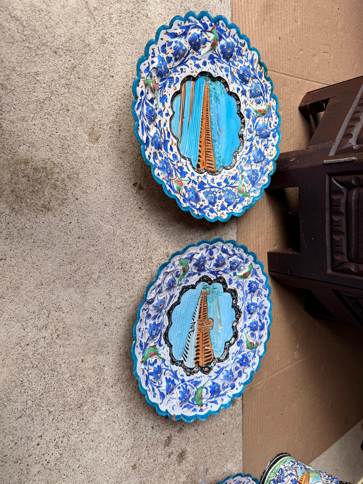 Pair Middle Eastern Hand Painted Enameled Copper Wall Plates Silk Road Art 9.2"