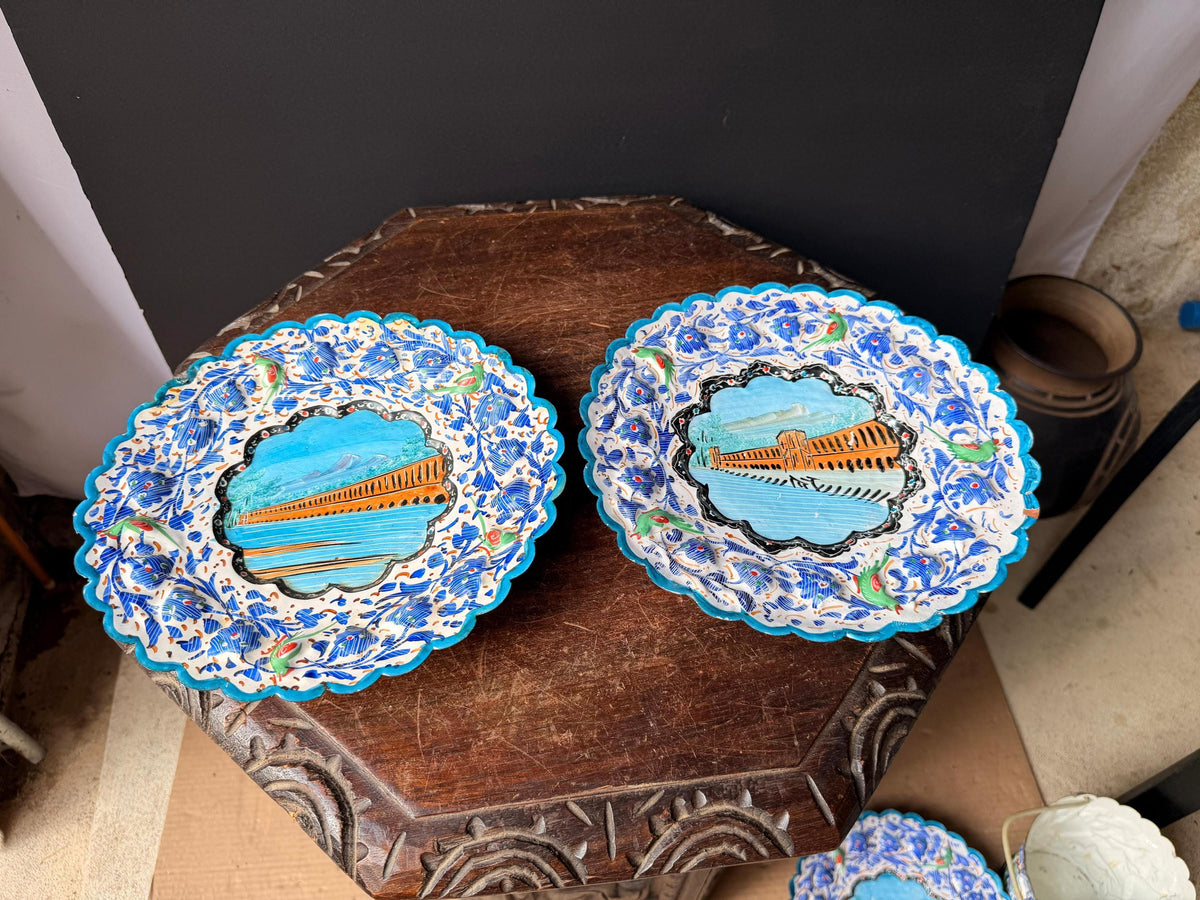Pair Middle Eastern Hand Painted Enameled Copper Wall Plates Silk Road Art 9.2"