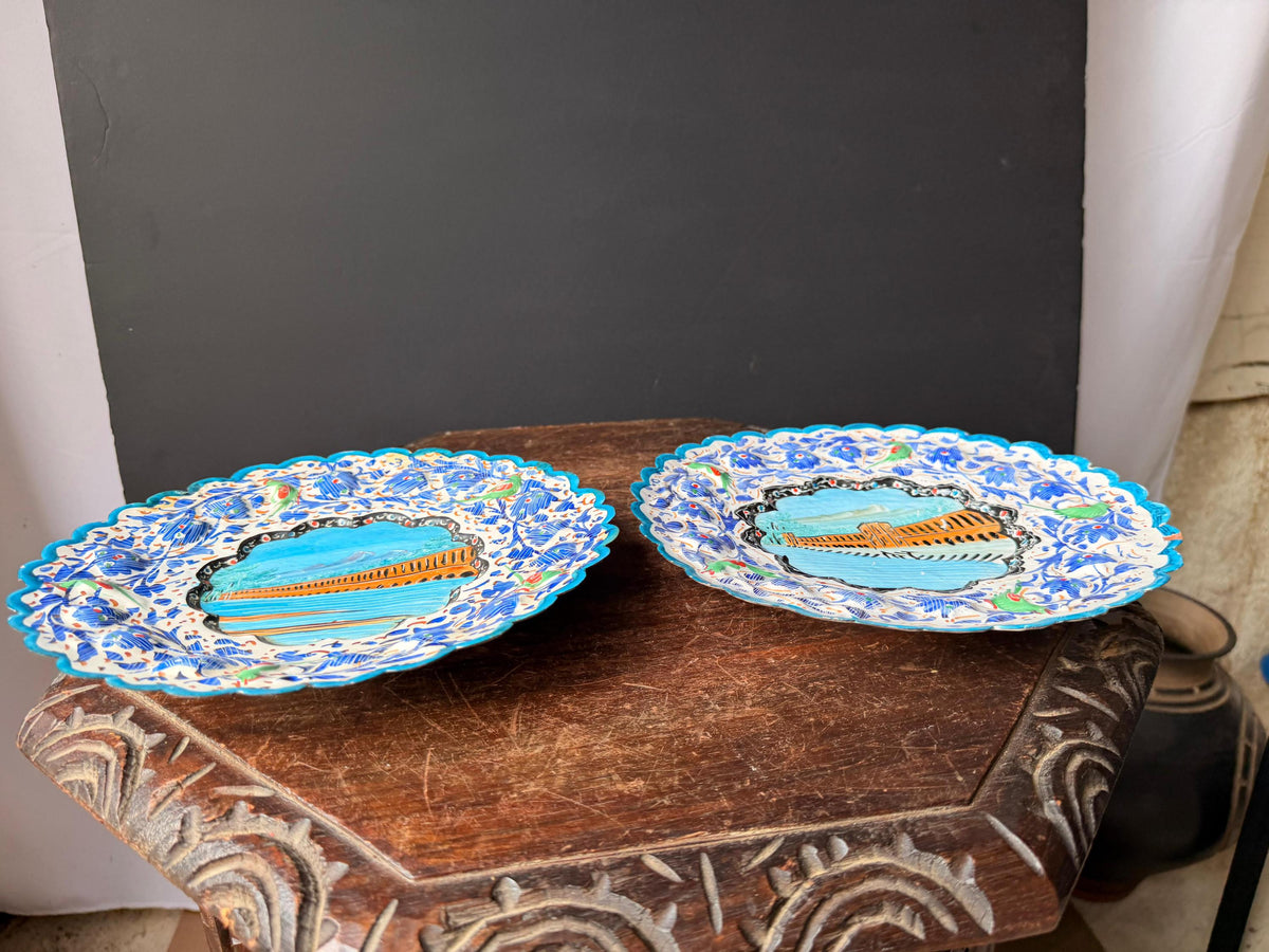 Pair Middle Eastern Hand Painted Enameled Copper Wall Plates Silk Road Art 9.2"