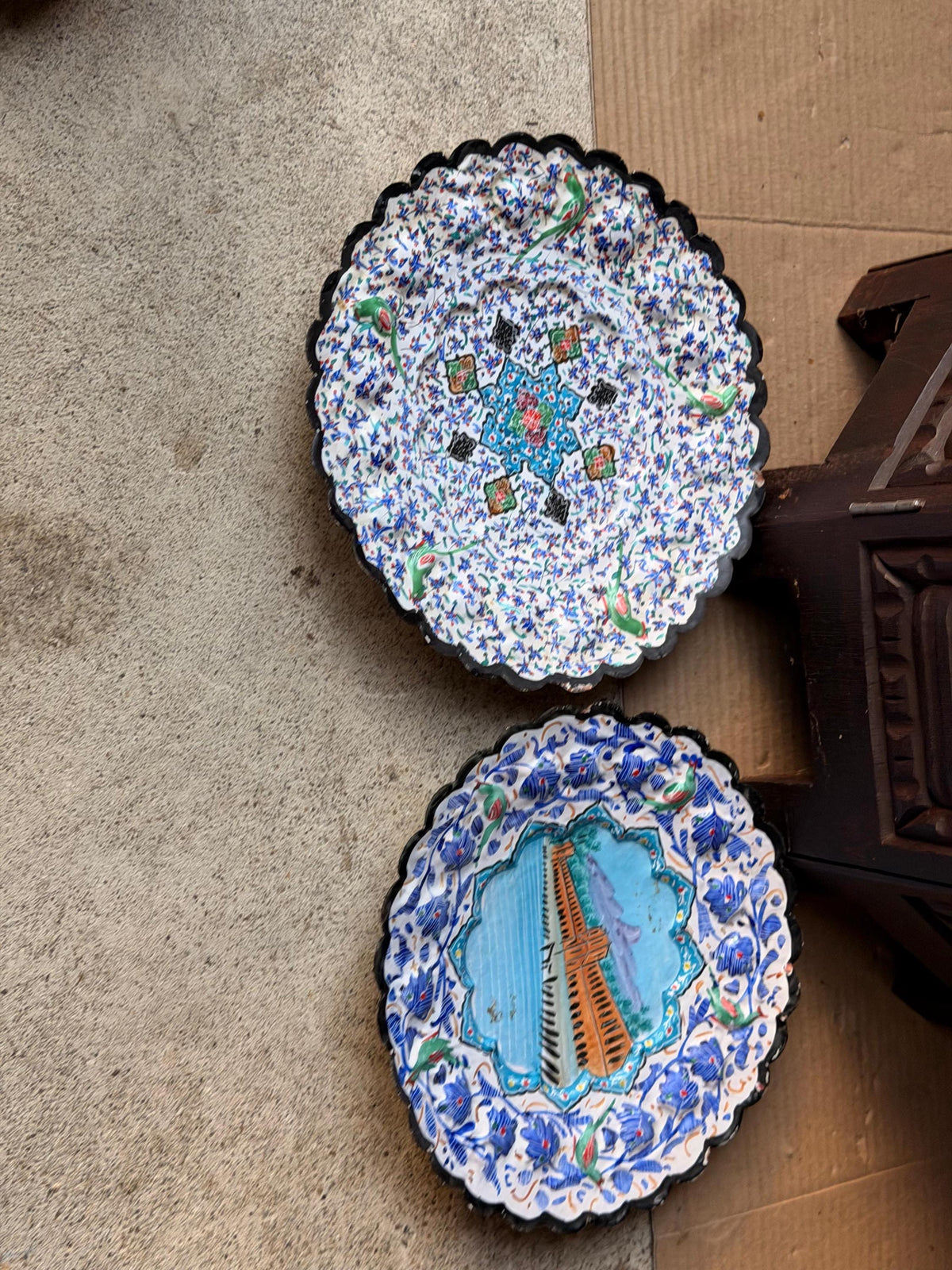 Pair Middle Eastern Hand Painted Enameled Copper Wall Plates Silk Road Art 9.2"