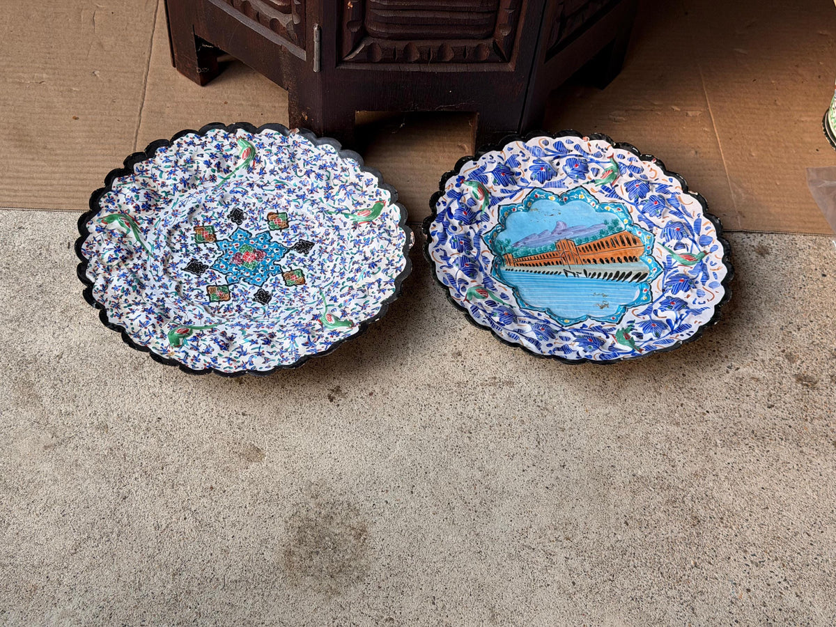 Pair Middle Eastern Hand Painted Enameled Copper Wall Plates Silk Road Art 9.2"