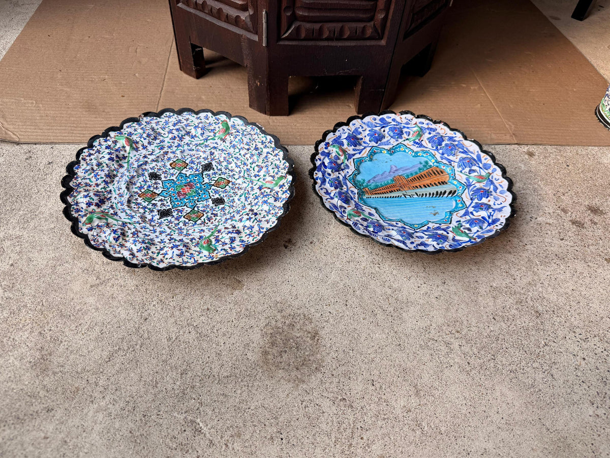 Pair Middle Eastern Hand Painted Enameled Copper Wall Plates Silk Road Art 9.2"