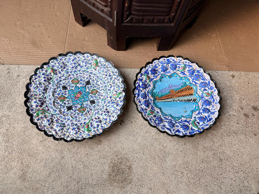 Pair Middle Eastern Hand Painted Enameled Copper Wall Plates Silk Road Art 9.2"