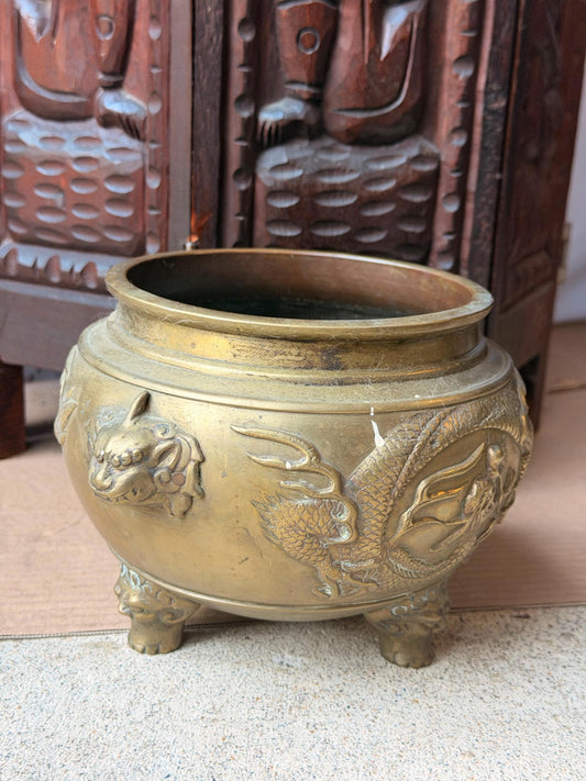 Vintage Asian Brass Dragon Censer Vessel Beast Handles Tripod Feet 8.5x5.5