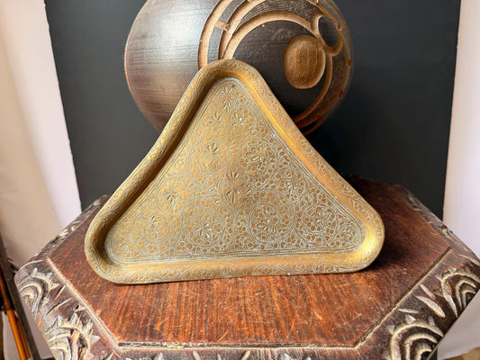 Vintage Etched Brass Triangular Tray Silver Jubilee 1935 Amroha Decorative
