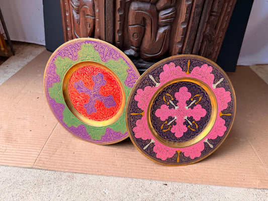Vintage Enameled Brass Wall Plates Set Hand Chased Floral Decor Pair 9 in