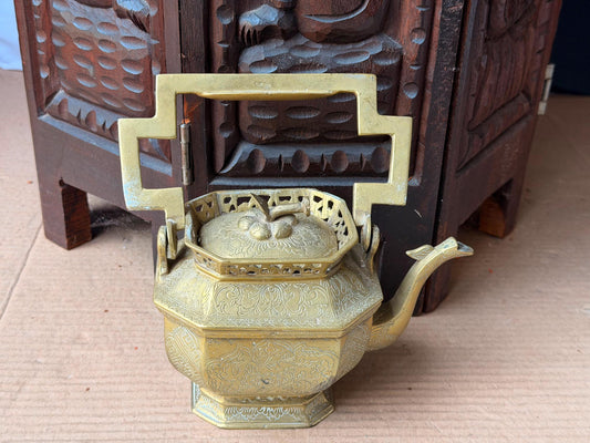 Vintage Brass Chinese Tea Kettle Etched Octagonal Vessel Chinoiserie 7.5 Inch