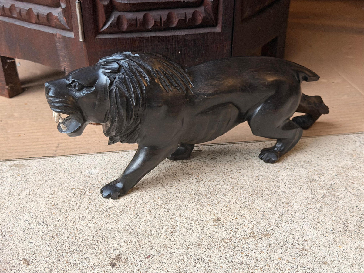 Hand Carved Hardwood Lion Statue Prowling Roaring African Folk Art Carving 12"