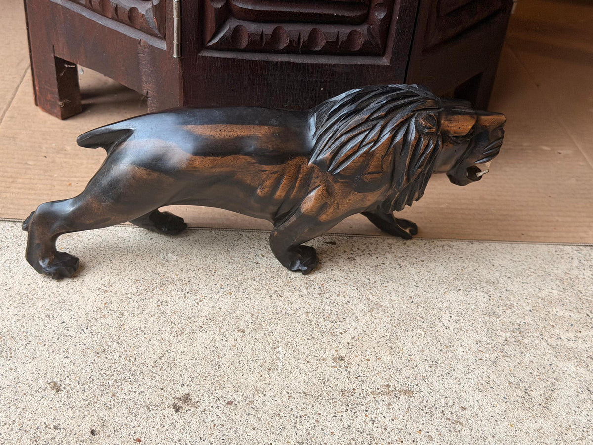 Hand Carved Hardwood Lion Statue Prowling Roaring African Folk Art Carving 12"