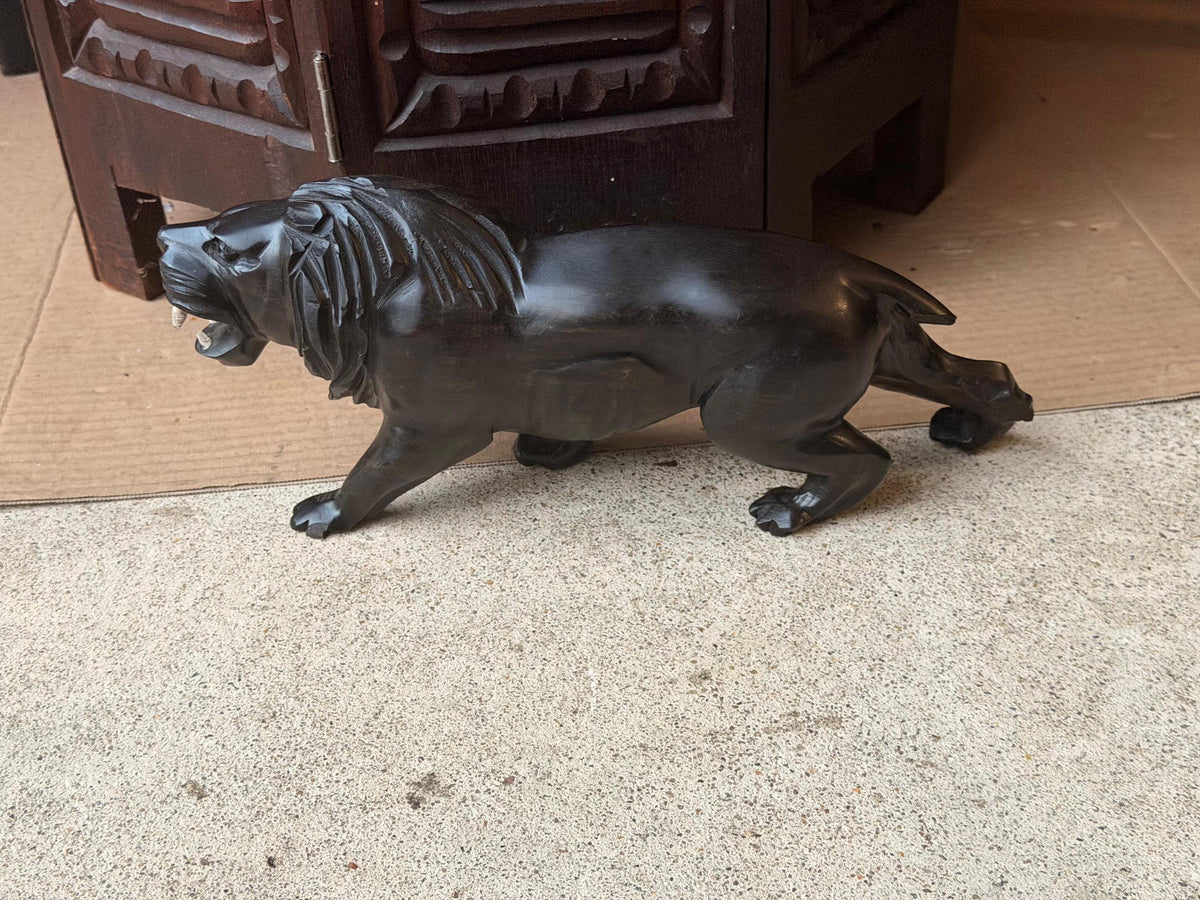 Hand Carved Hardwood Lion Statue Prowling Roaring African Folk Art Carving 12"