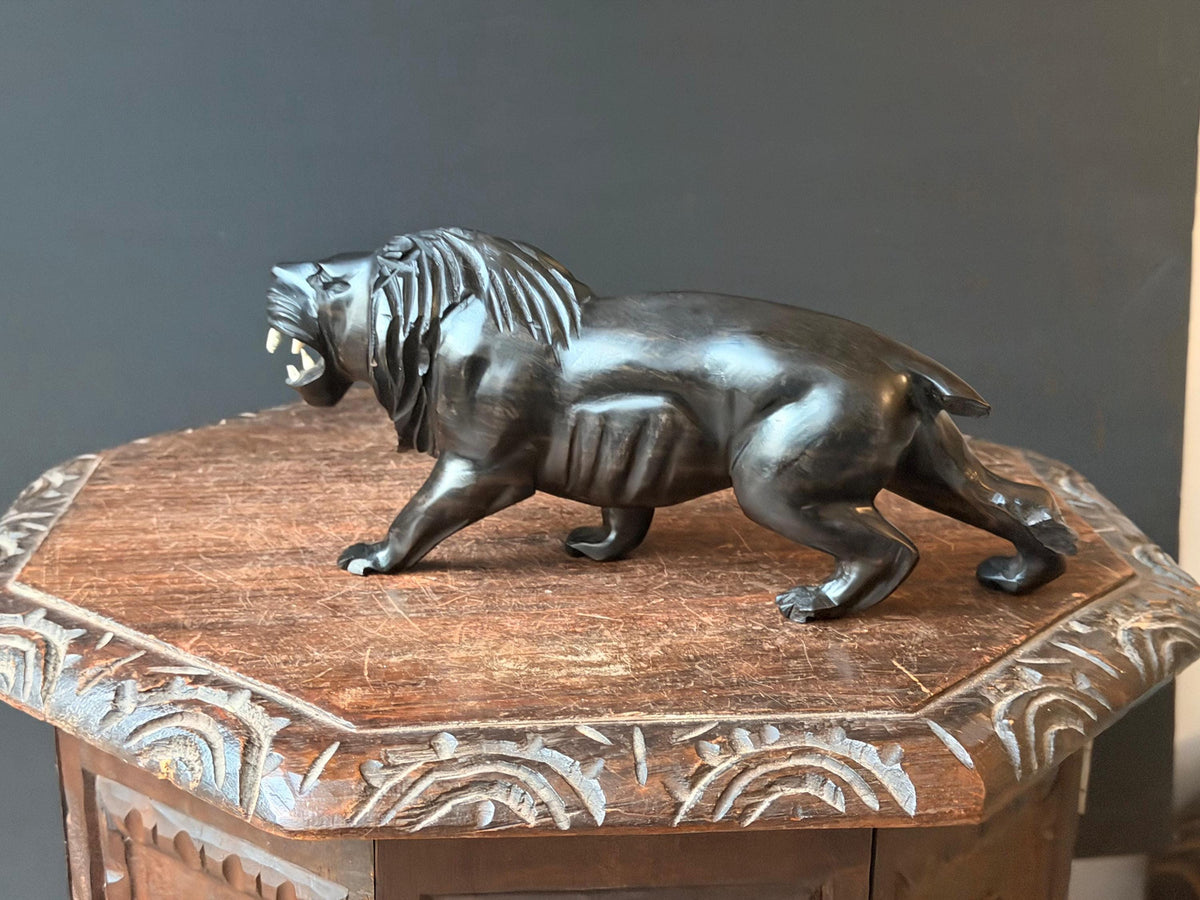 Hand Carved Hardwood Lion Statue Prowling Roaring African Folk Art Carving 12"