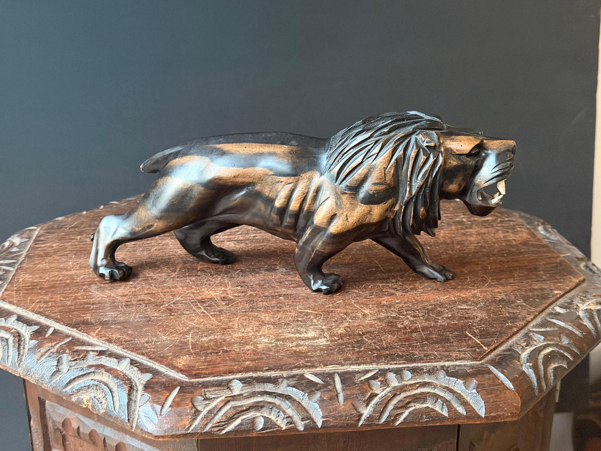 Hand Carved Hardwood Lion Statue Prowling Roaring African Folk Art Carving 12"