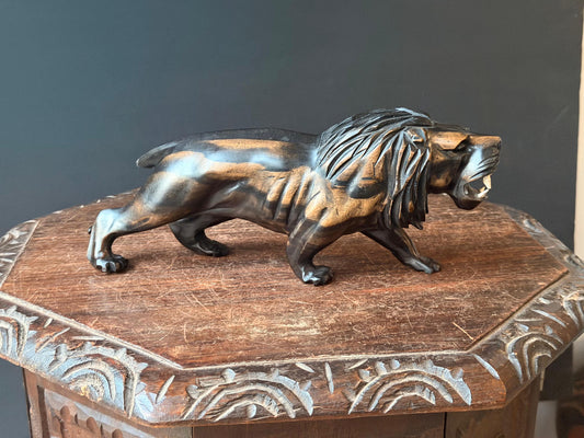 Hand Carved Hardwood Lion Statue Prowling Roaring African Folk Art Carving 12"