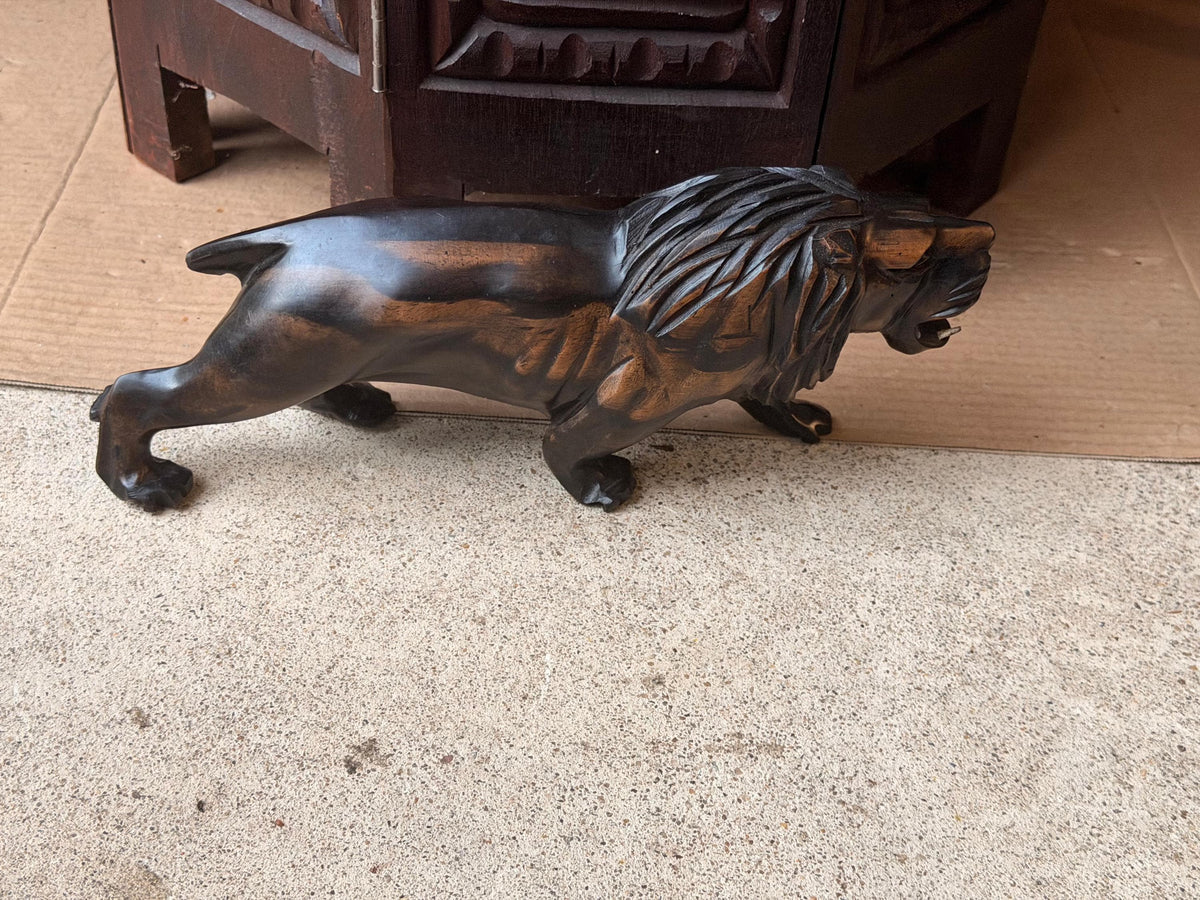 Hand Carved Hardwood Lion Statue Prowling Roaring African Folk Art Carving 12"