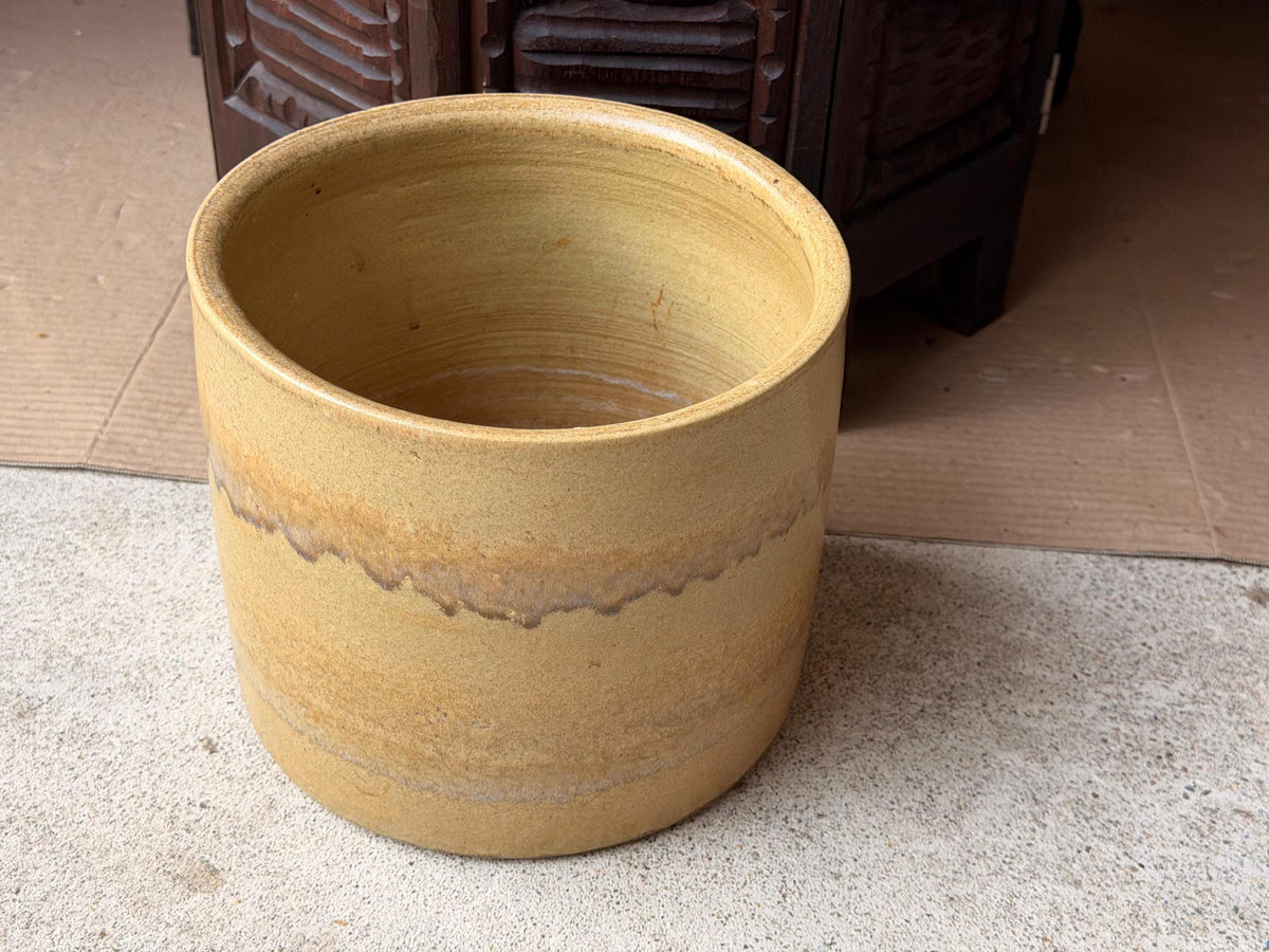Vintage Studio Pottery Ceramic Crock Planter Yellow Ochre Drip Vessel 8.5"
