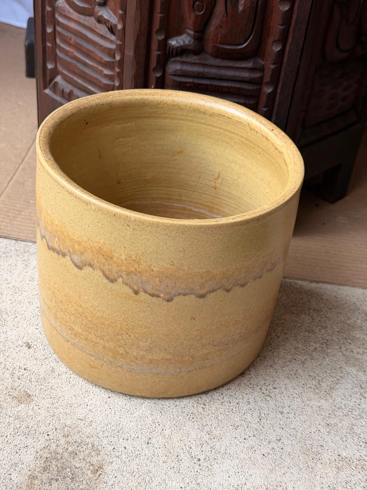 Vintage Studio Pottery Ceramic Crock Planter Yellow Ochre Drip Vessel 8.5"