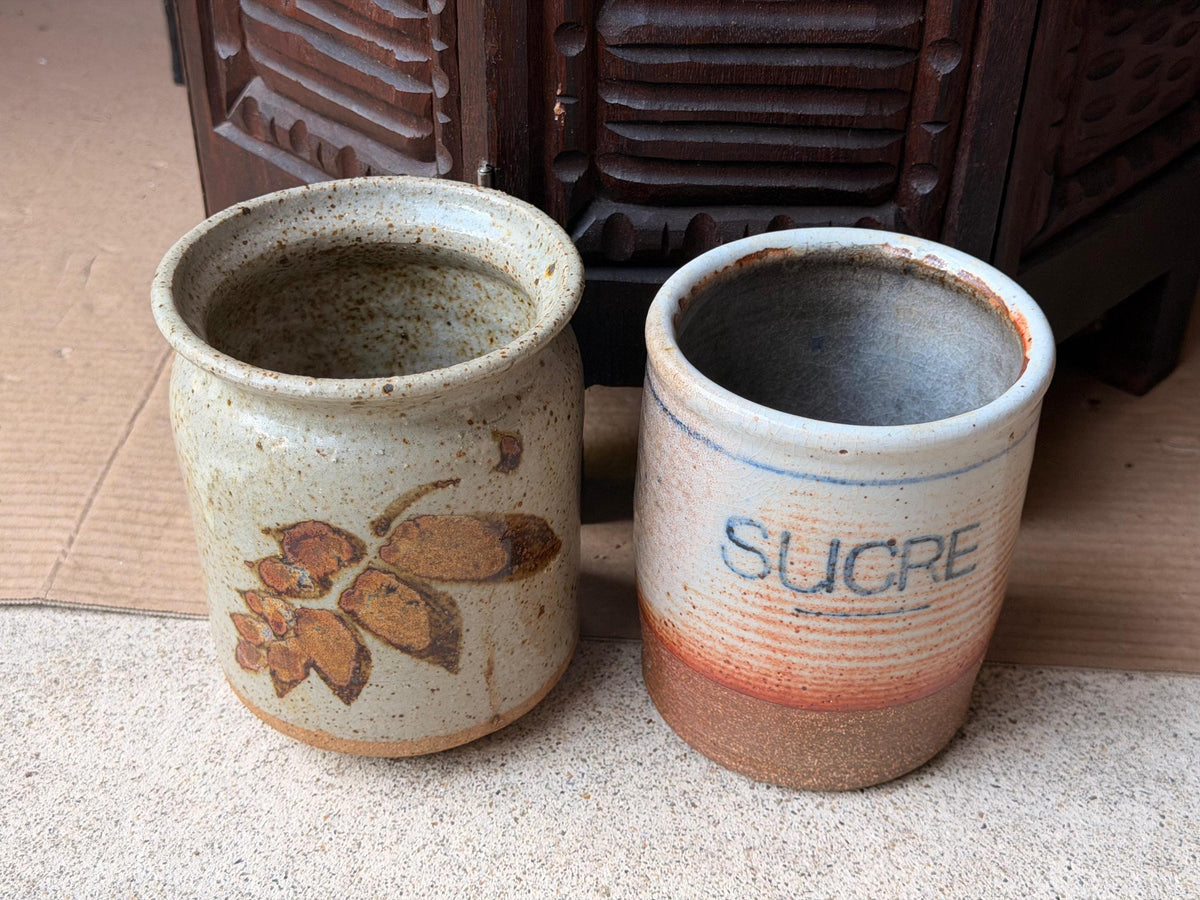 Pair Vintage Studio Pottery Crocks Hand Thrown Sucre Canister Leaf Jar 5.5"