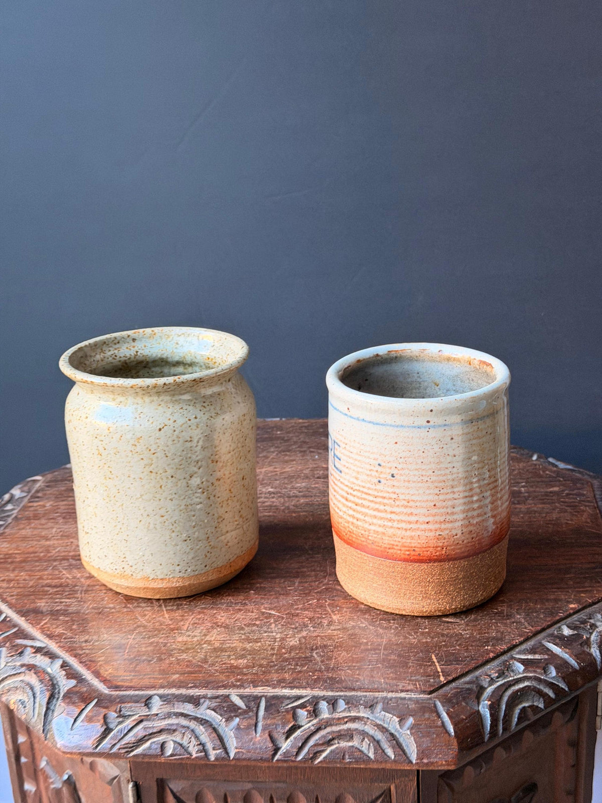 Pair Vintage Studio Pottery Crocks Hand Thrown Sucre Canister Leaf Jar 5.5"