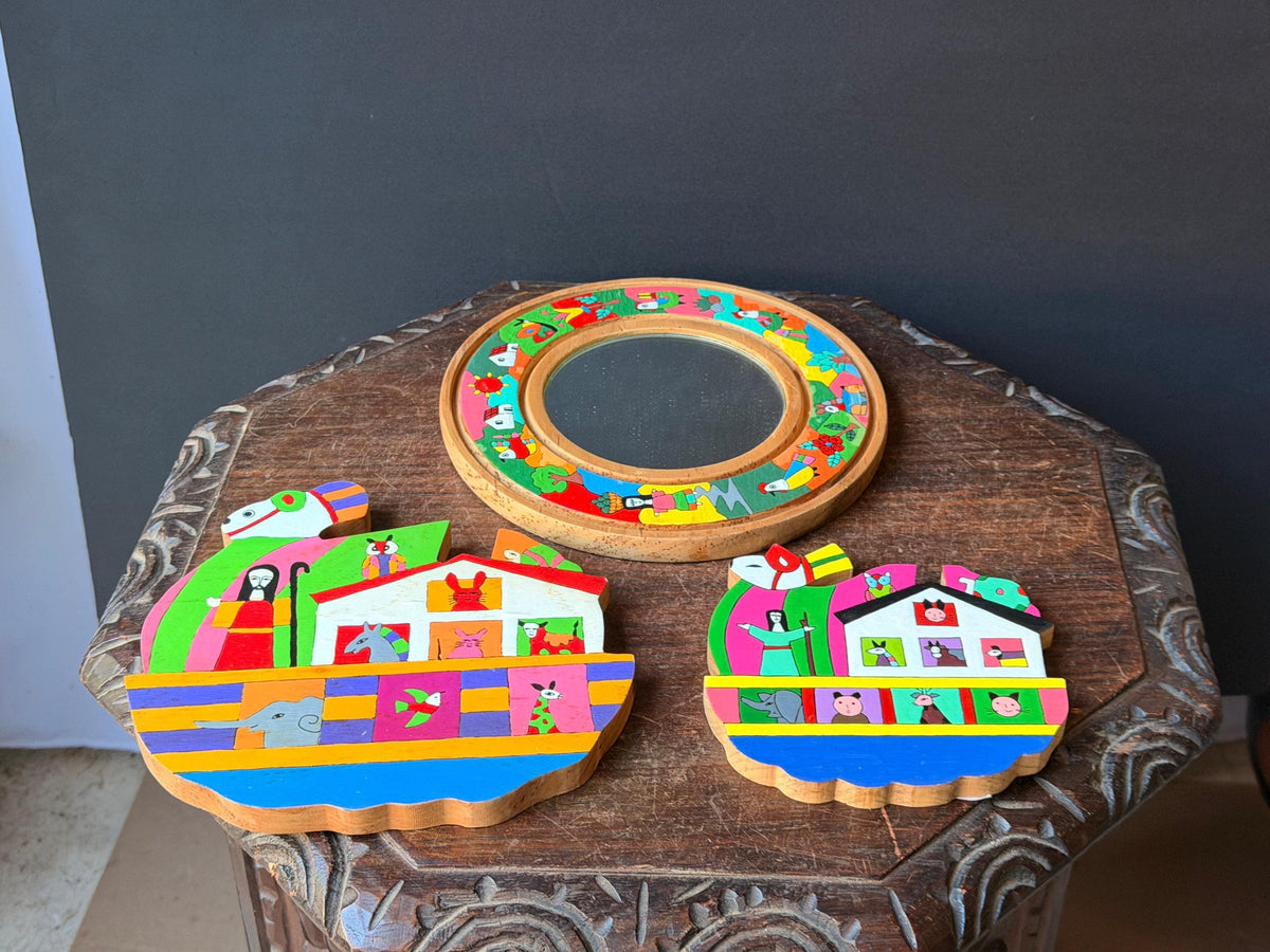 3pc Vintage El Salvador Folk Art Wall Plaques Set La Palma Noah Ark Mirror 8.7"