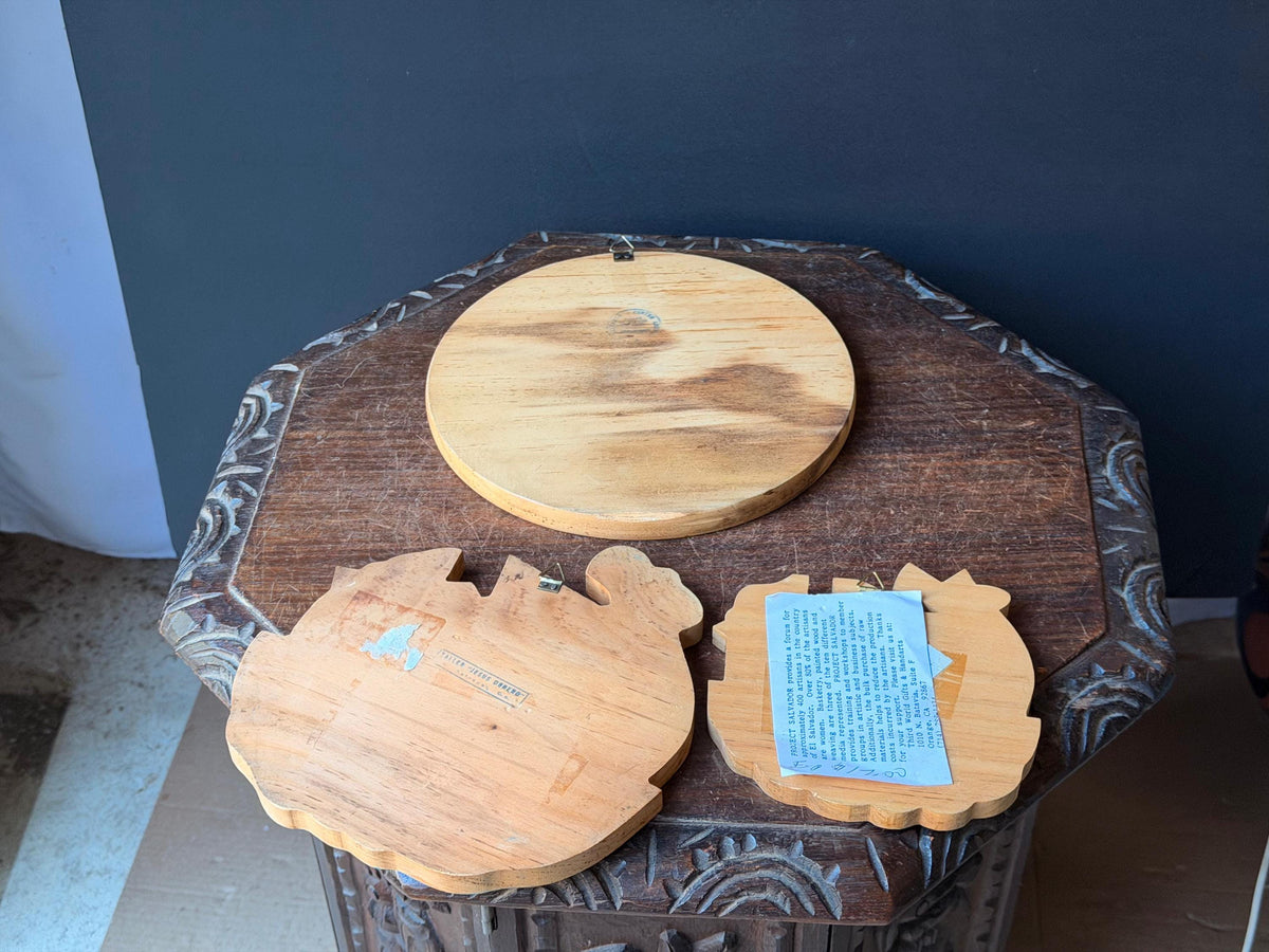 3pc Vintage El Salvador Folk Art Wall Plaques Set La Palma Noah Ark Mirror 8.7"