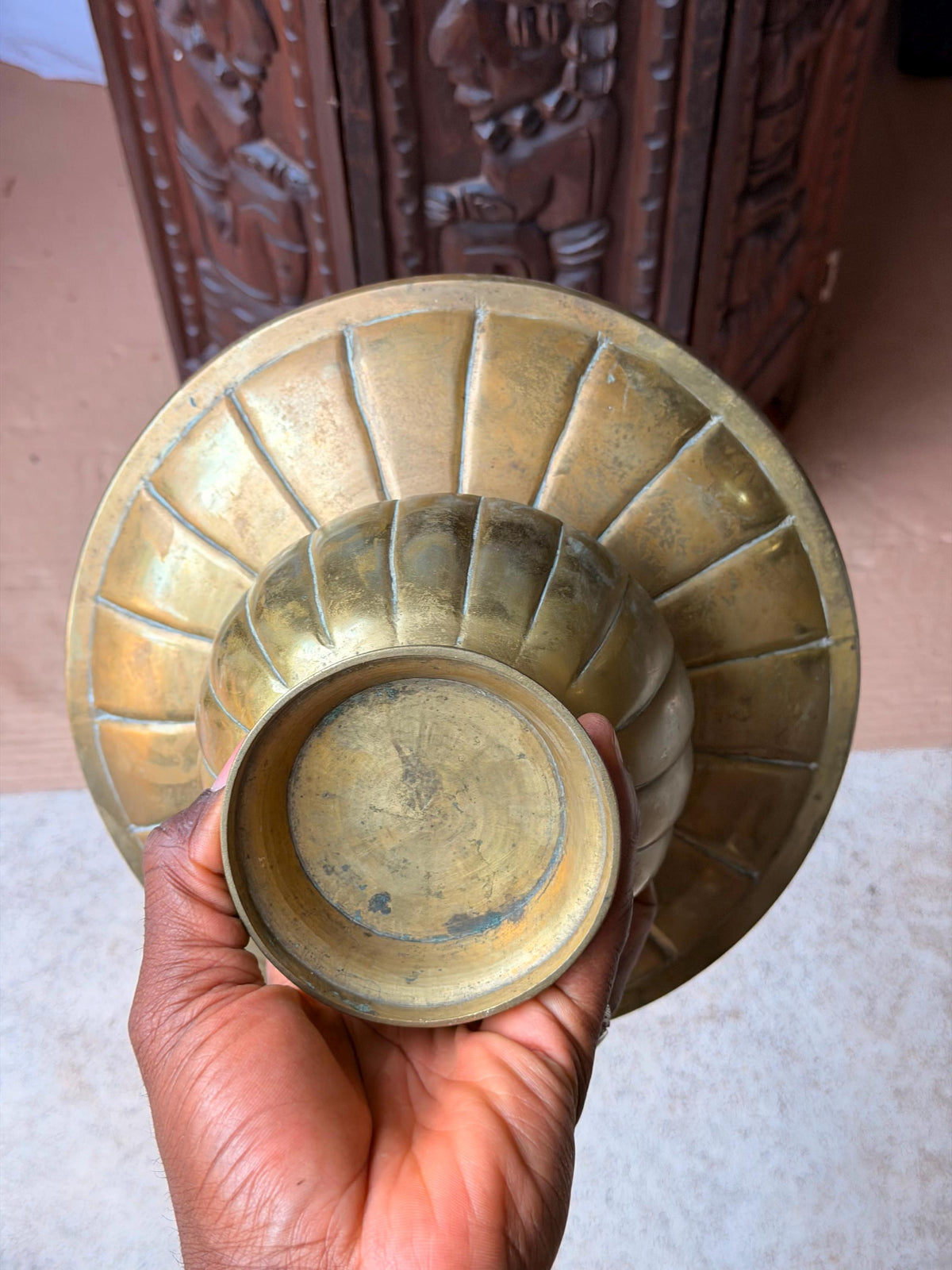 Vintage Brass Flared Bowl Ribbed Pedestal Centerpiece Vessel 9.5x5.8