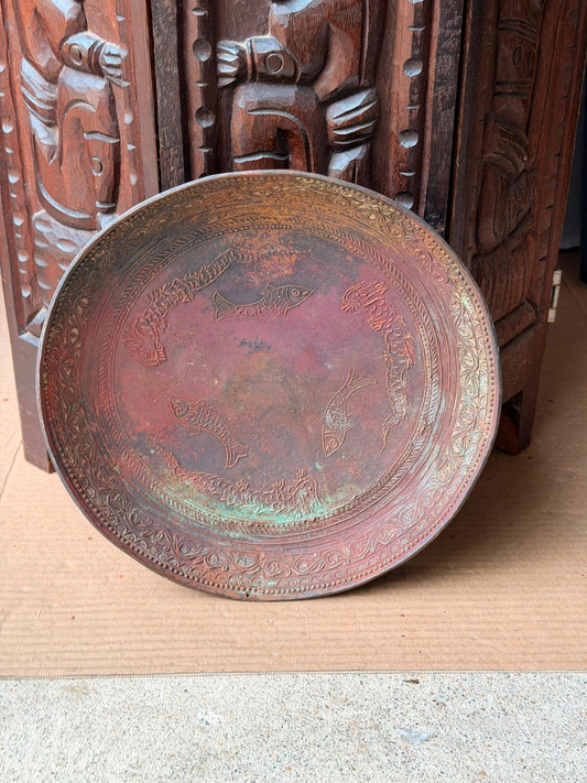 Vintage Copper Tray Dragon Fish Etched Silk Road Wall Plaque Metal Plate 10"