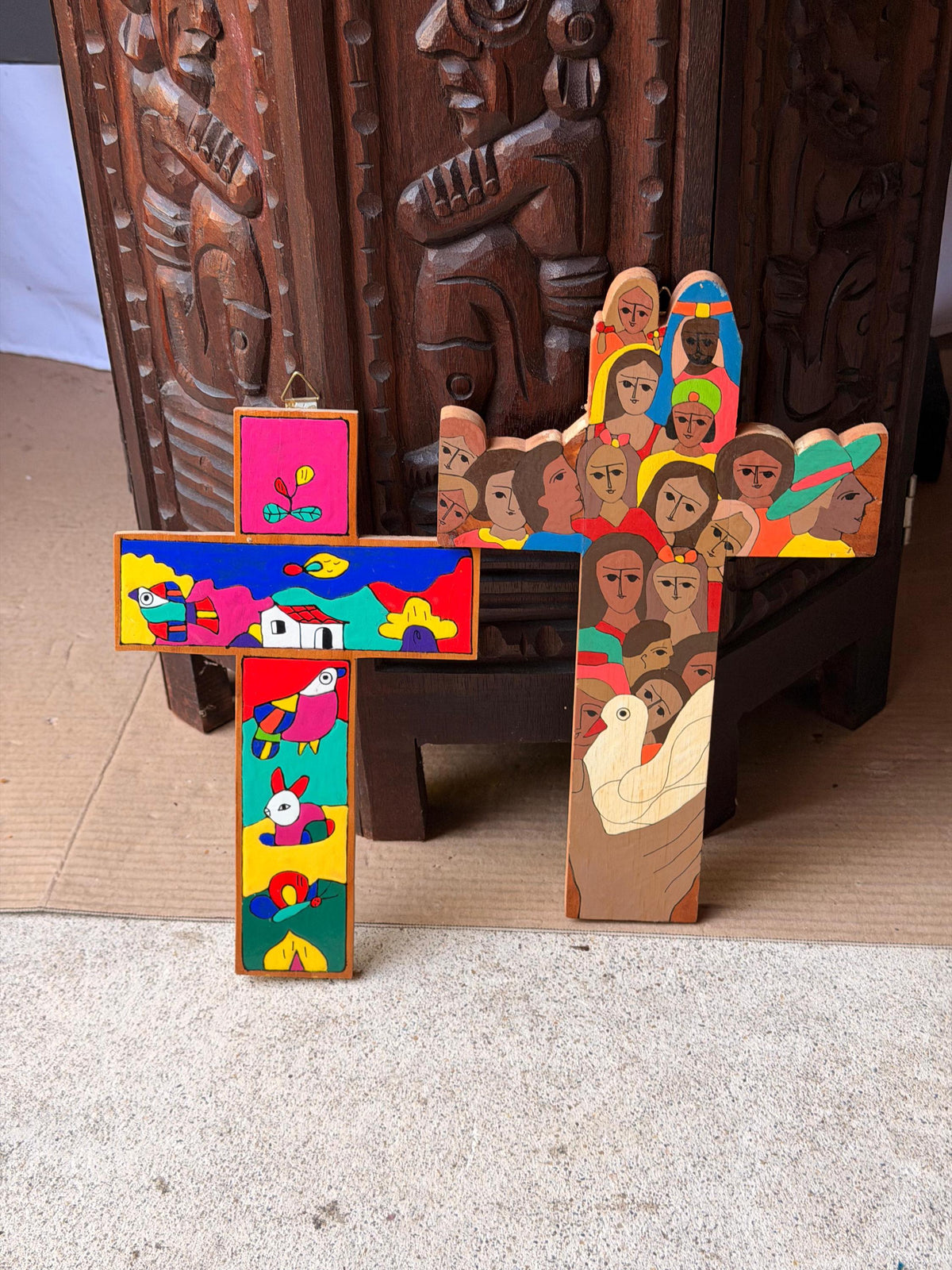 Vintage El Salvador Folk Art Hand Painted Wood Wall Cross Pair Signed Juan