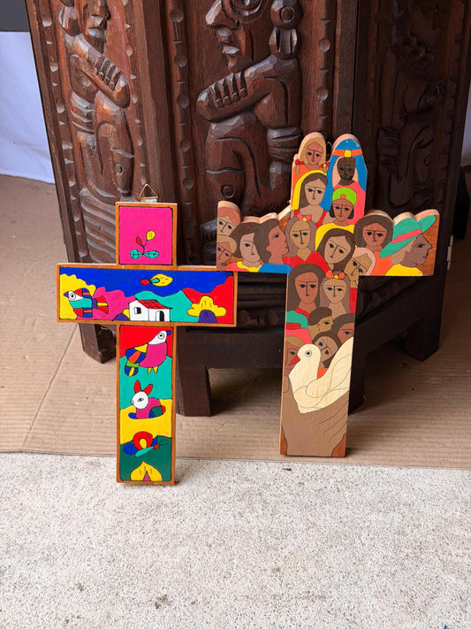 Vintage El Salvador Folk Art Hand Painted Wood Wall Cross Pair Signed Juan