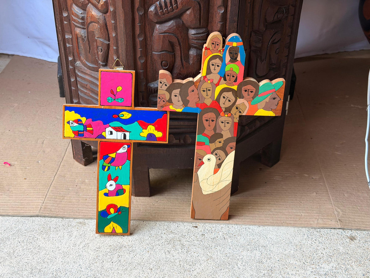 Vintage El Salvador Folk Art Hand Painted Wood Wall Cross Pair Signed Juan