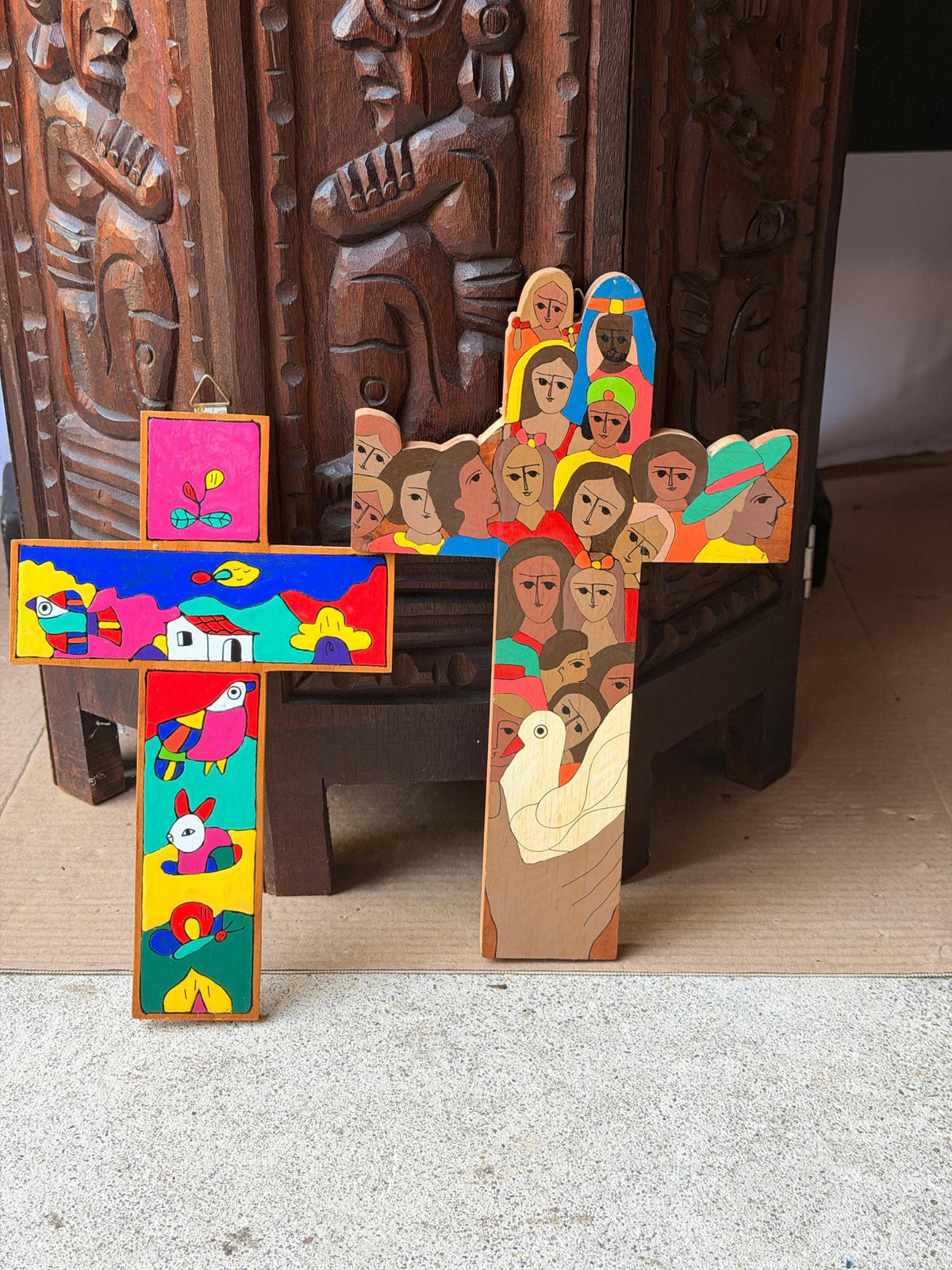 Vintage El Salvador Folk Art Hand Painted Wood Wall Cross Pair Signed Juan