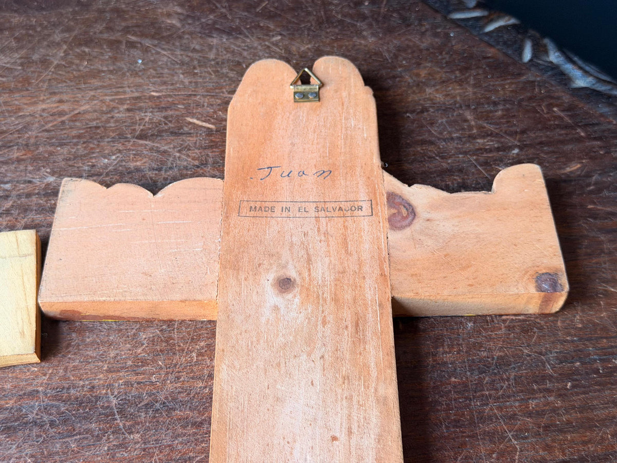 Vintage El Salvador Folk Art Hand Painted Wood Wall Cross Pair Signed Juan