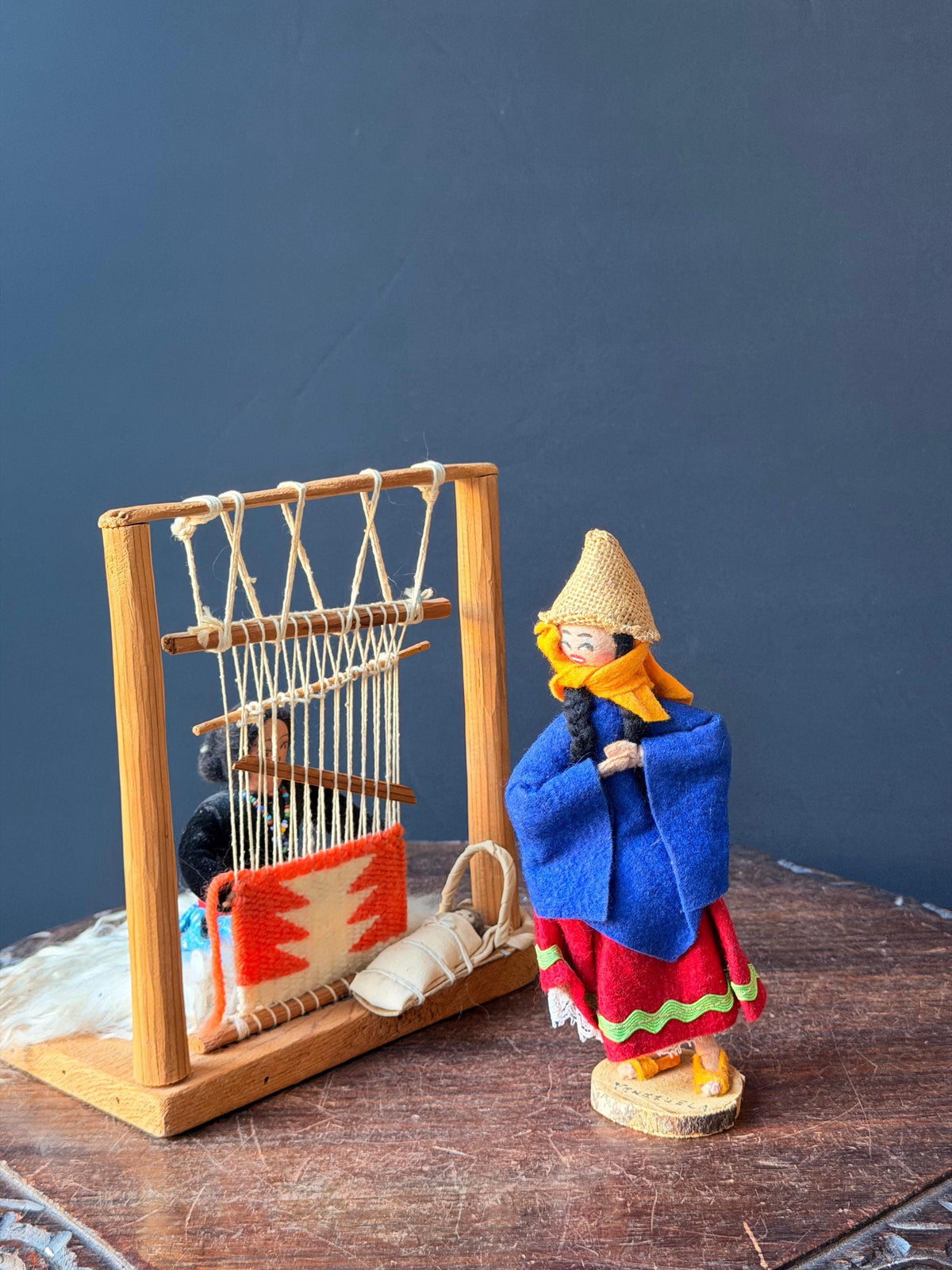 Vintage South American Folk Art Loom Weaving Diorama & Standing Doll Set