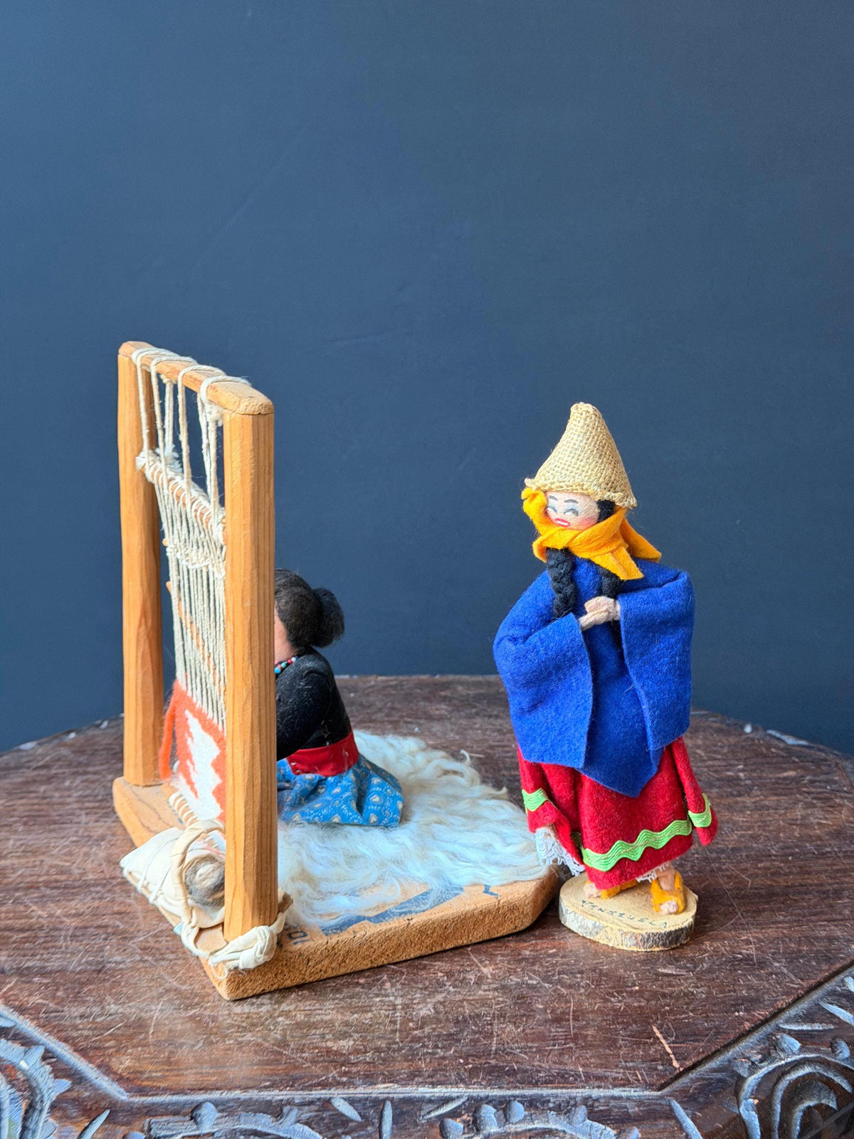Vintage South American Folk Art Loom Weaving Diorama & Standing Doll Set