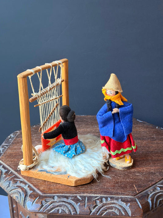 Vintage South American Folk Art Loom Weaving Diorama & Standing Doll Set