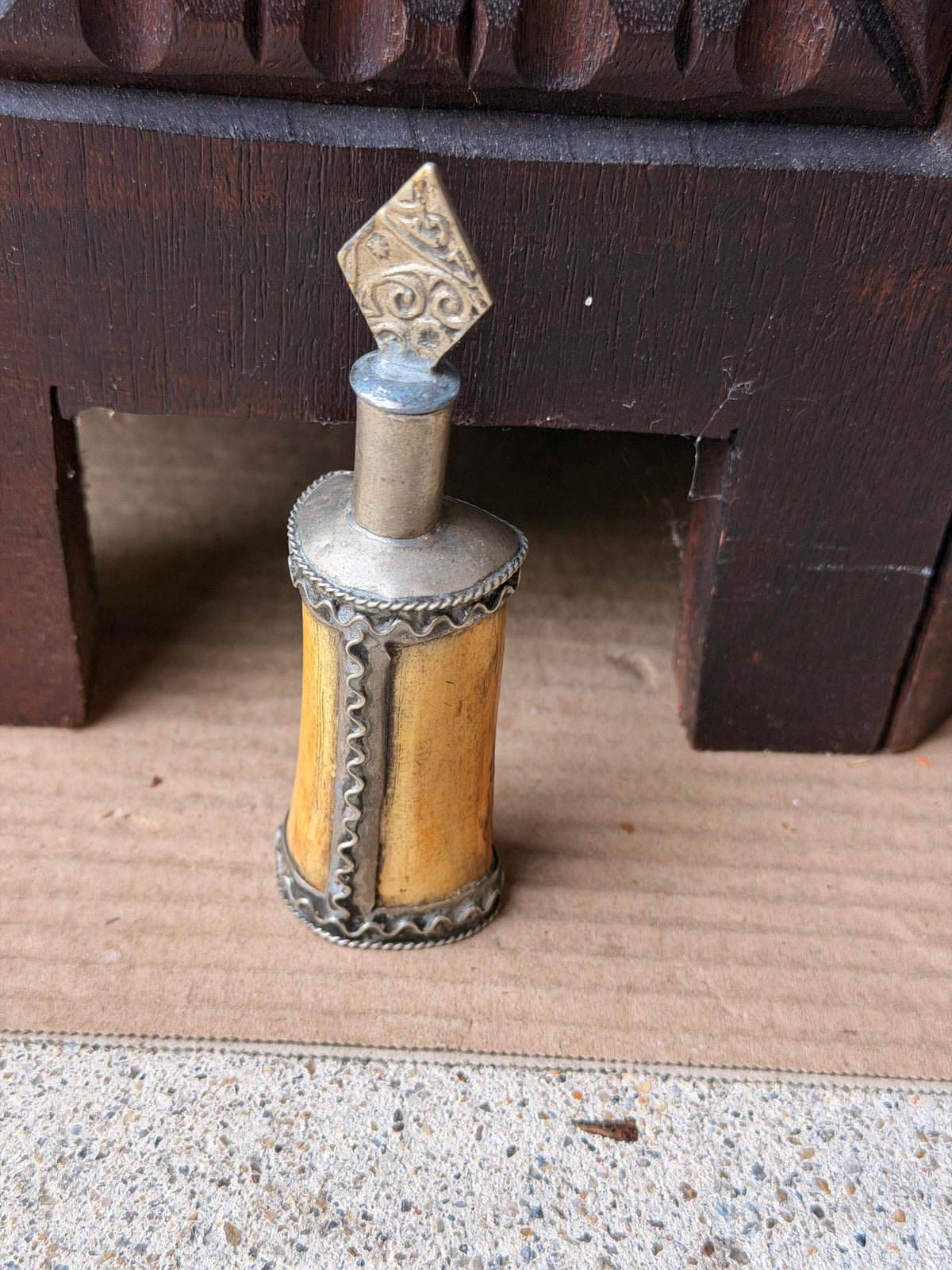 Vintage Berber Kohl Bottle Hand Carved Scent Perfume Flask Metal Wand 4.5"