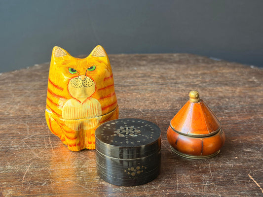 Vintage Indian Trinket Box Set Papier Mache Cat Brass Inlaid Wood Folk Art 3pc