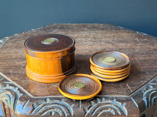 Vintage Turned Wood Coaster Set Lidded Box 1947 Farthing Coin Inlay Art