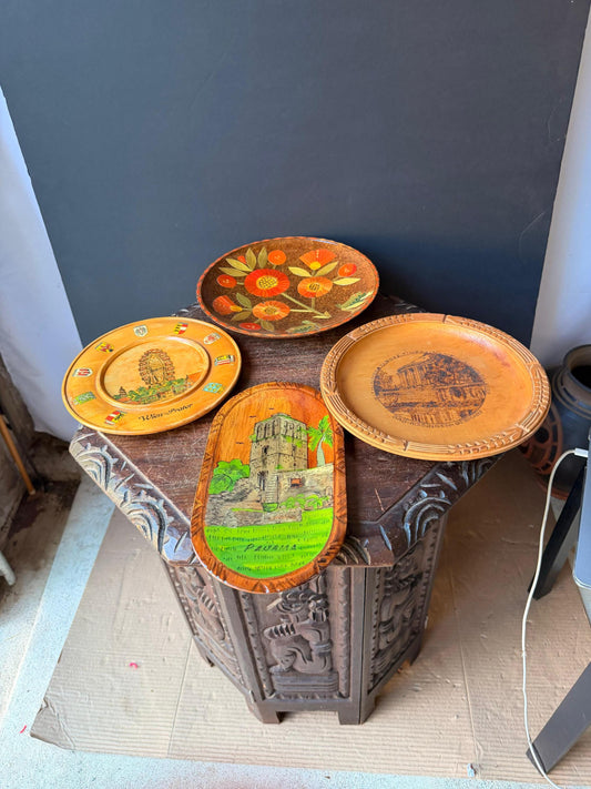 Vintage Wooden Wall Plates Set Straw Marquetry Floral Wien Panama Folk Art