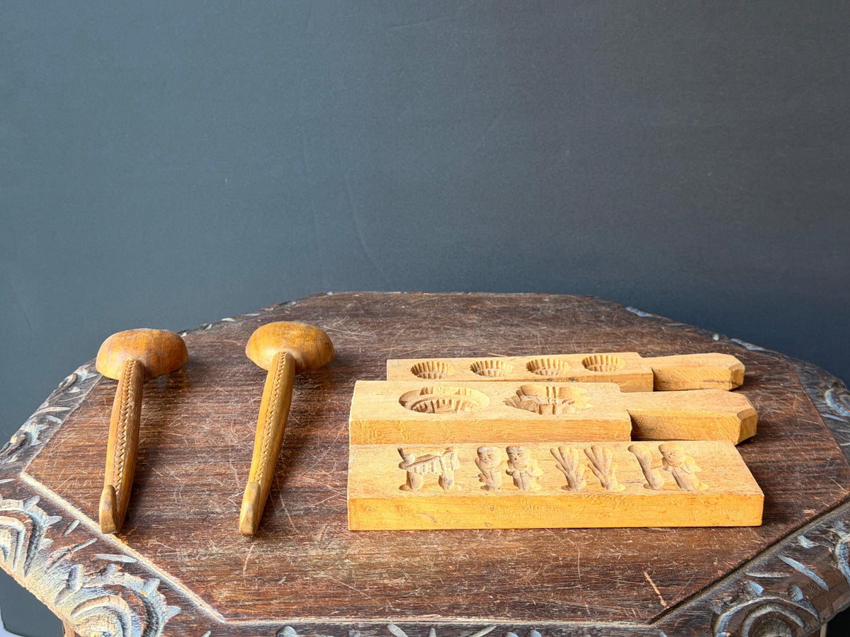 Vintage Carved Wood Butter Molds Cookie Press Serving Spoons Folk Art 5 Pc