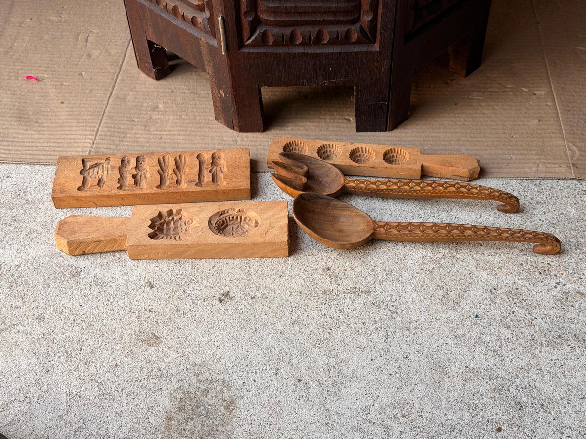 Vintage Carved Wood Butter Molds Cookie Press Serving Spoons Folk Art 5 Pc