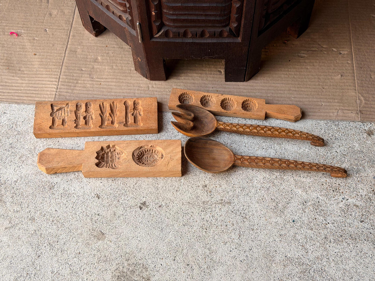 Vintage Carved Wood Butter Molds Cookie Press Serving Spoons Folk Art 5 Pc