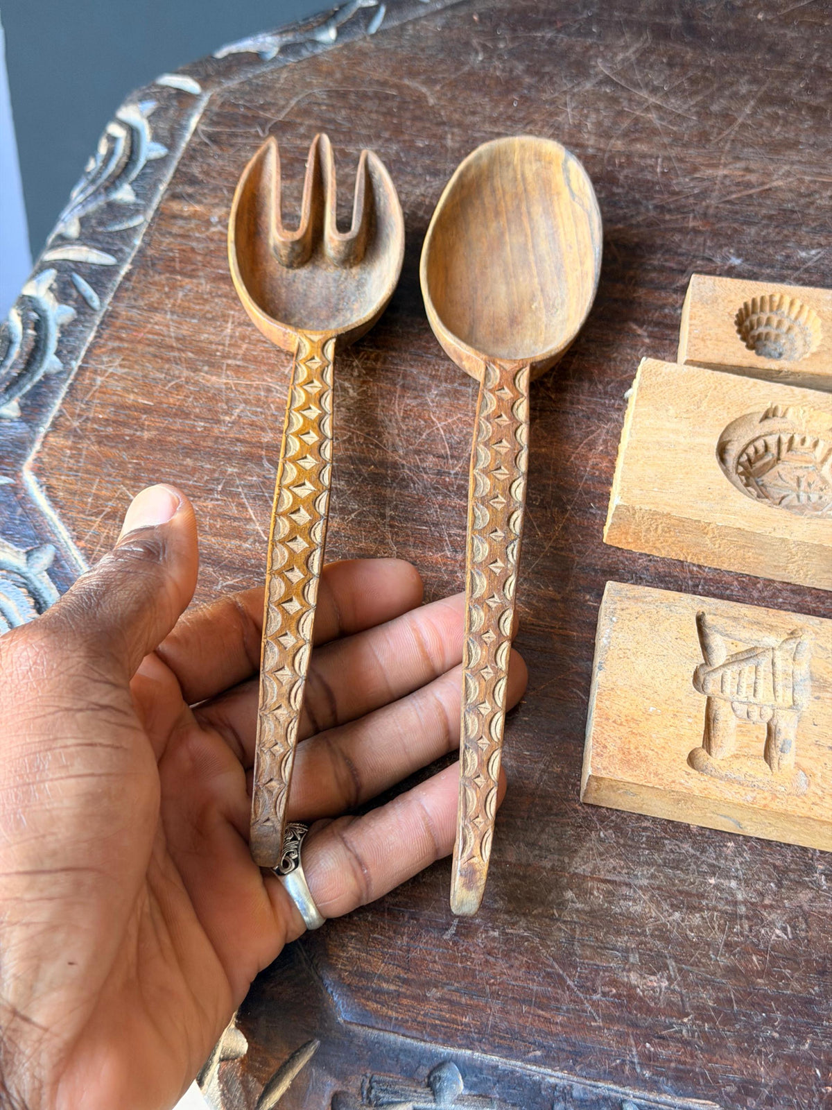 Vintage Carved Wood Butter Molds Cookie Press Serving Spoons Folk Art 5 Pc